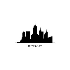 Naklejka premium Detroit US Michigan cityscape skyline city panorama vector flat modern logo icon. USA, state of America emblem idea with landmarks and building silhouettes. Isolated black graphic