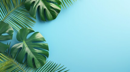  tropical leaves on a blue background with a place for text.  generative ai