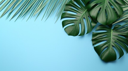  a green leafy plant on a blue background with a place for text.  generative ai