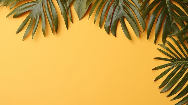  a yellow background with palm leaves and a banana on it.  generative ai