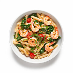 Shrimp pasta in a bowl on isolated white background - ai generative