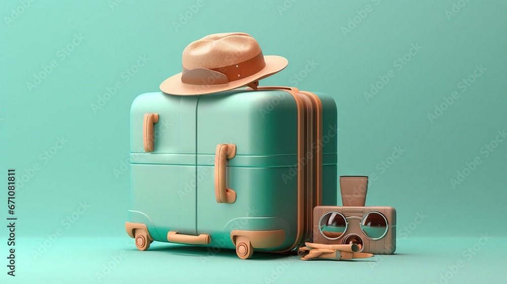 Poster a suitcase and a hat on a green background with a camera. generative ai