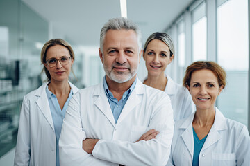 A confident and successful healthcare team, featuring doctors, nurses, and professionals, collaborating in a hospital or clinic setting to provide excellent medical care and support.
