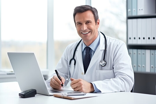 A confident and professional male doctor in a clinic office, using technology and expertise to provide top-quality healthcare and medical treatment with a positive demeanor.