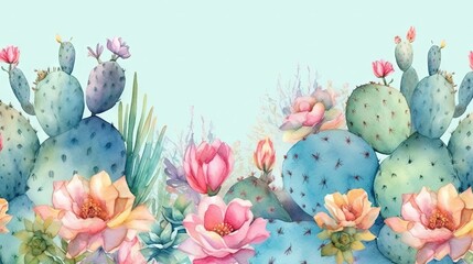  a watercolor painting of a cactus and flowers on a blue background.  generative ai - obrazy, fototapety, plakaty