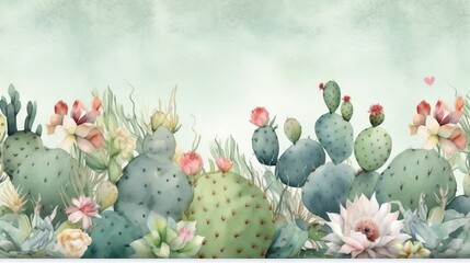  a watercolor painting of a cactus with flowers on a green background.  generative ai - obrazy, fototapety, plakaty