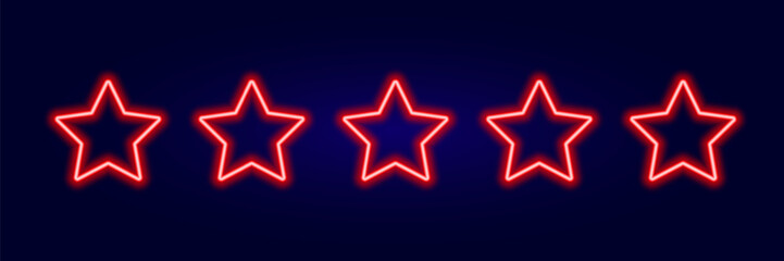 5 stars rating red neon glow on dark background vector. Glowing rank rates with laser led illumination for design