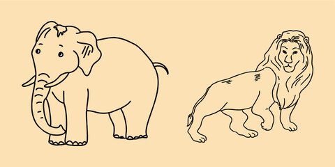 Elephant and lion. Picture. Vector graphics, eps