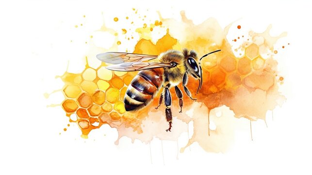  a painting of a bee on a honeycomb with watercolors.  generative ai