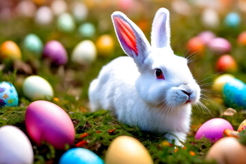 A white bunny with multicolor Easter eggs, blurred meadow flowers in an affectionate moment, blurred green grass and blue sky