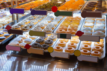 Assorted fresh donuts on display racks at the donut shop.Display of delicious pastries with assorted glazed donuts in shop.Various donuts on shelf in Bakery.Colorful flavor donuts with coating,topping - obrazy, fototapety, plakaty
