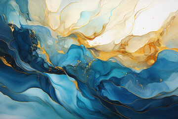 Abstract blue wave with gold lines watercolor texture painting, Generative Ai