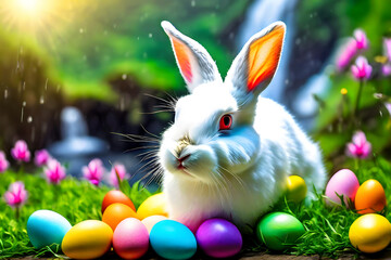 Fototapeta na wymiar A white bunny with multicolor Easter eggs, blurred meadow flowers in an affectionate moment, blurred green grass and blue sky