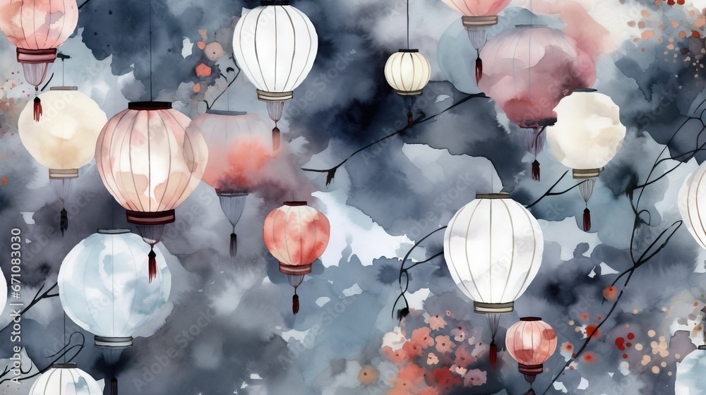 Poster a painting of many different colored lanterns hanging from a tree. generative ai