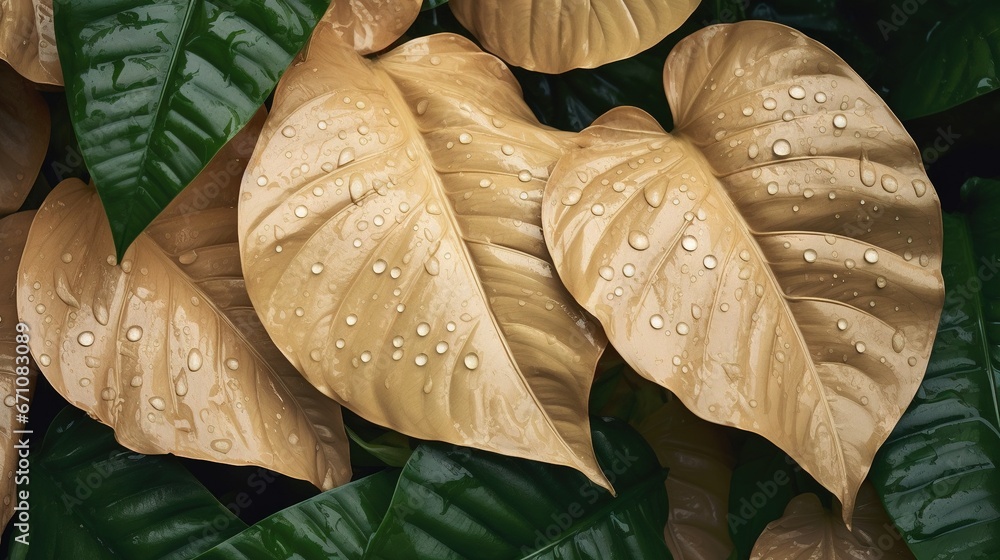 Poster a close up of a leaf with water droplets on it. generative ai