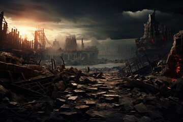 War-Torn Cityscape, Haunting Ruins of a Once-Thriving Metropolis - obrazy, fototapety, plakaty