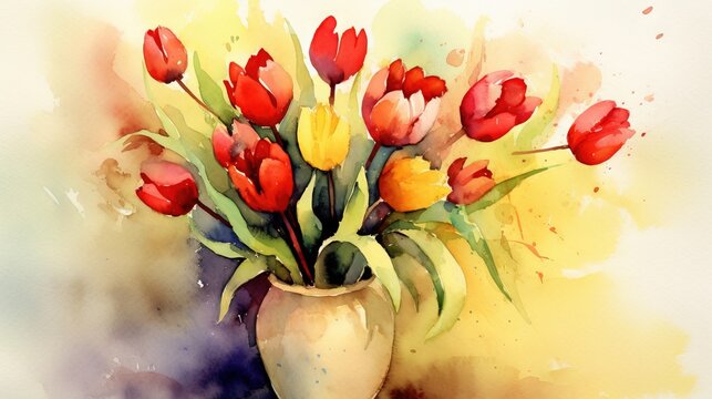  a painting of a vase filled with red and yellow tulips.  generative ai