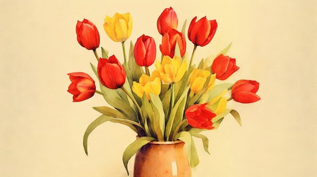  a painting of a vase filled with red and yellow tulips.  generative ai