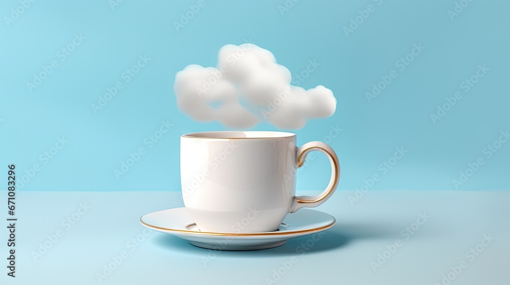 Poster a coffee cup with a cloud floating out of the top of it. generative ai