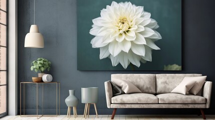  a living room with a couch and a large white flower.  generative ai