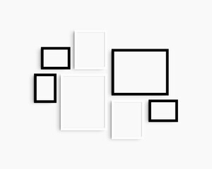 Gallery wall mockup set, 7 black and white frames. Modern frame mockup. Horizontal, vertical frames, 5x7 (5:7), 7x5 (7:5), 8x10 (4:5), 12x15 (4:5), 15x12 (5:4) inches. White wall.