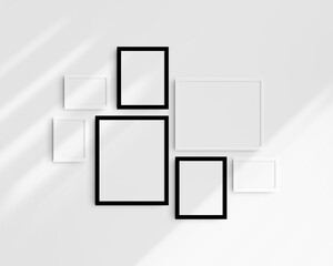 Gallery wall mockup set, 7 black and white frames. Modern frame mockup. Horizontal, vertical frames, 5x7 (5:7), 7x5 (7:5), 8x10 (4:5), 12x15 (4:5), 15x12 (5:4) inches. White wall with shadows.