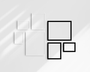 Gallery wall mockup set, 7 black and white frames. Modern frame mockup. Horizontal, vertical frames, 5x7 (5:7), 7x5 (7:5), 8x10 (4:5), 12x15 (4:5), 15x12 (5:4) inches. White wall with shadows.
