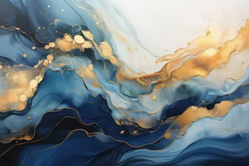Foto auf Alu-Dibond Abstract blue wave with gold lines watercolor texture painting, Generative Ai © sukumarbd4