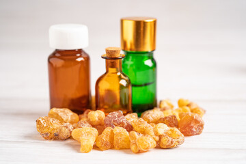 Frankincense or olibanum aromatic resin isolated on white background used in incense and perfumes.