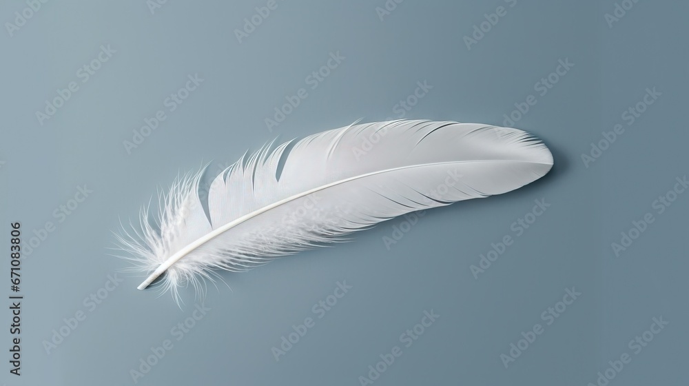Poster a white feather floating on a blue background with a shadow. generative ai