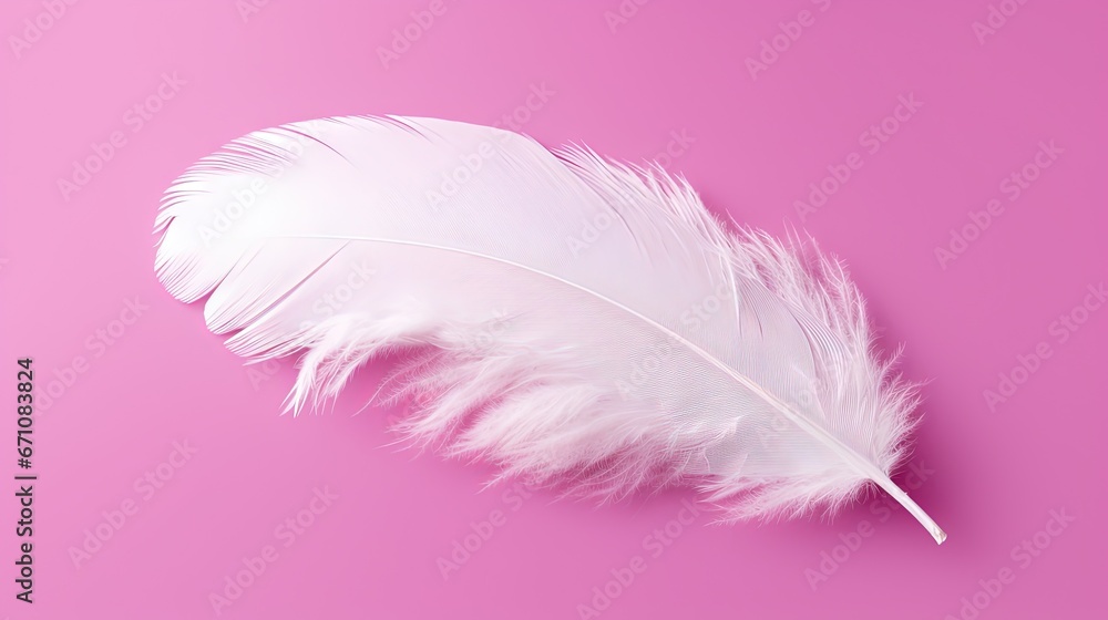 Poster a single white feather on a pink background with copy space. generative ai