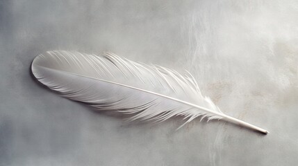  a white feather is laying on a gray surface with a white background.  generative ai