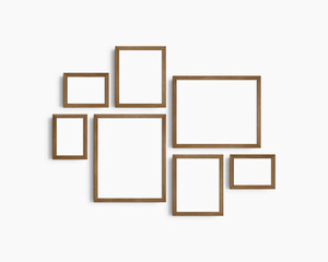 Gallery wall mockup set, 7 brown walnut wood frames. Modern frame mockup. Horizontal, vertical frames, 5x7 (5:7), 7x5 (7:5), 8x10 (4:5), 12x15 (4:5), 15x12 (5:4) inches. White wall.