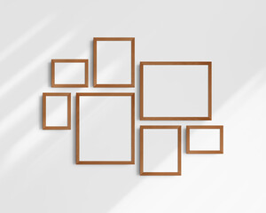 Gallery wall mockup set, 7 cherry wooden frames. Modern frame mockup. Horizontal, vertical frames, 5x7 (5:7), 7x5 (7:5), 8x10 (4:5), 12x15 (4:5), 15x12 (5:4) inches. White wall with shadows.