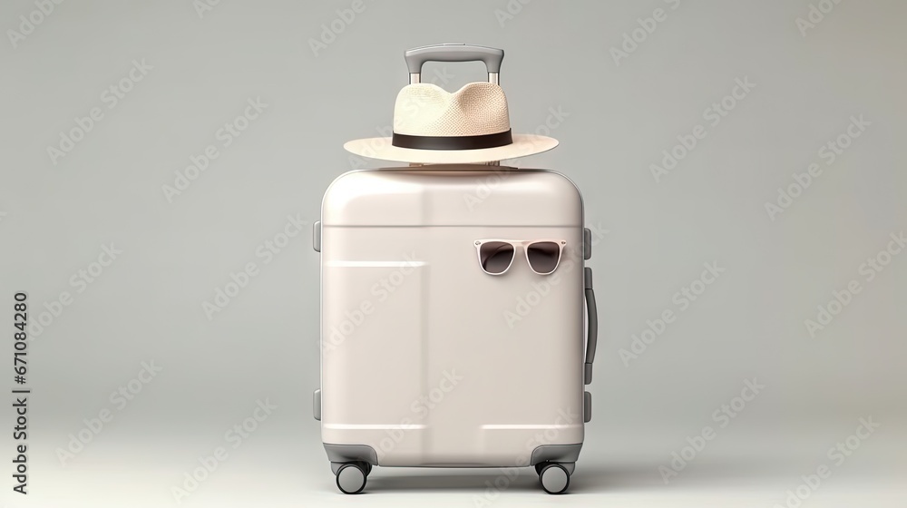 Poster a suitcase with a hat on top of it and a pair of glasses on top of it. generative ai