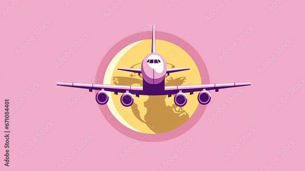 Poster an airplane flying in the sky with a map of the world in the background. generative ai