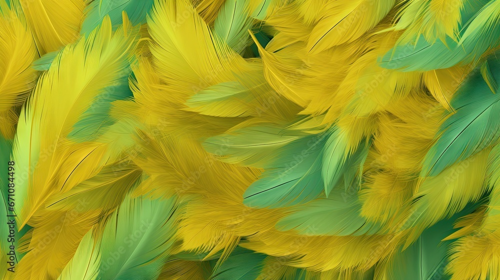 Poster a bunch of green and yellow feathers are in a pattern. generative ai