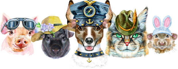 Border from watercolor portraits of dog, guinea pig, cat, mini pig, and rat - obrazy, fototapety, plakaty