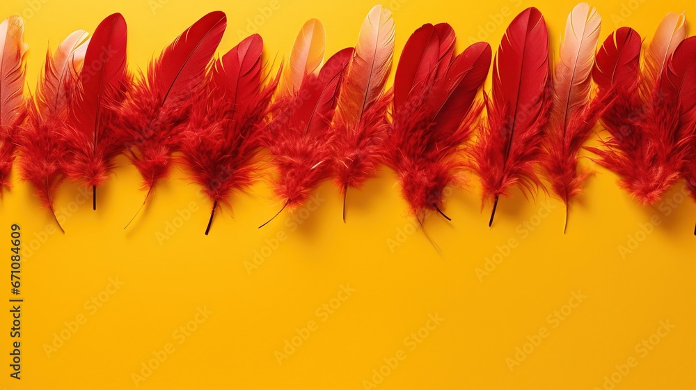 Poster a row of red and white feathers on a yellow background. generative ai