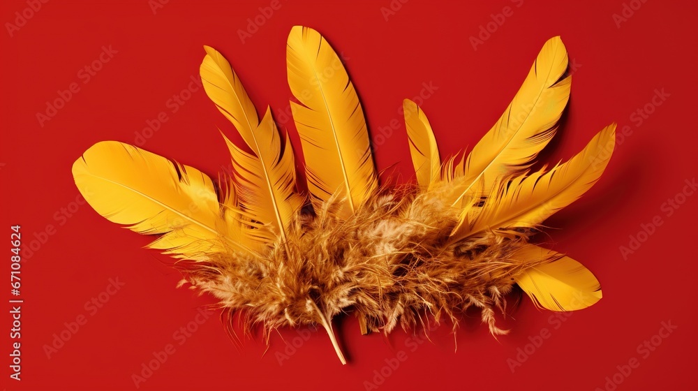 Poster a bunch of yellow feathers on a red surface with a red background. generative ai