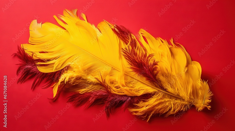 Poster a yellow feather laying on a red surface with a red background. generative ai