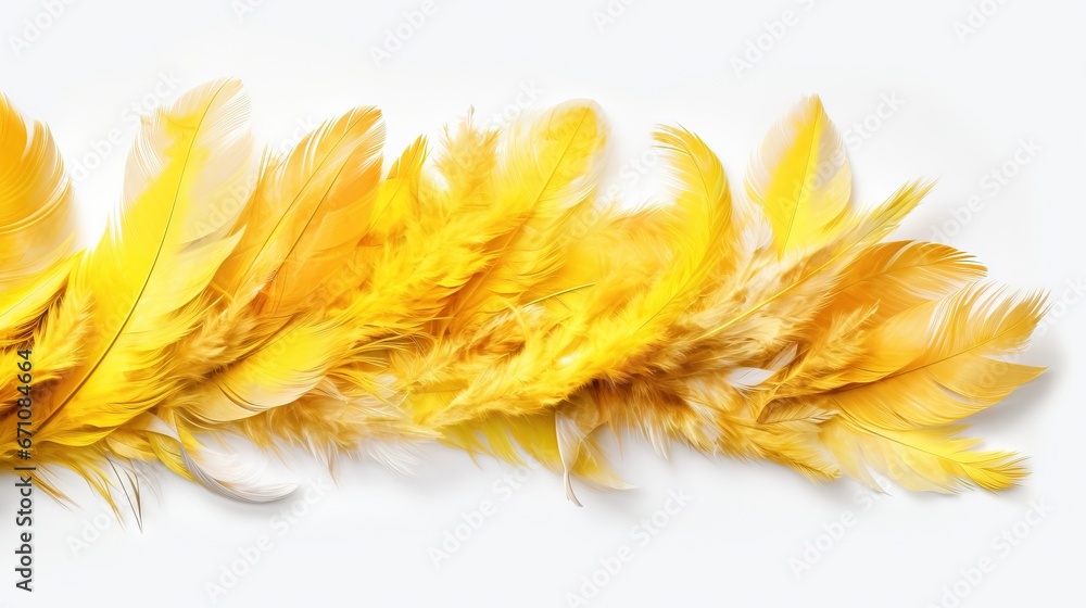 Poster a group of yellow feathers laying on top of each other. generative ai