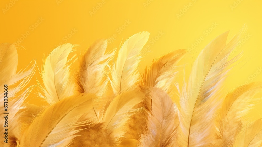 Aufkleber a yellow background with a bunch of feathers in the foreground. generative ai