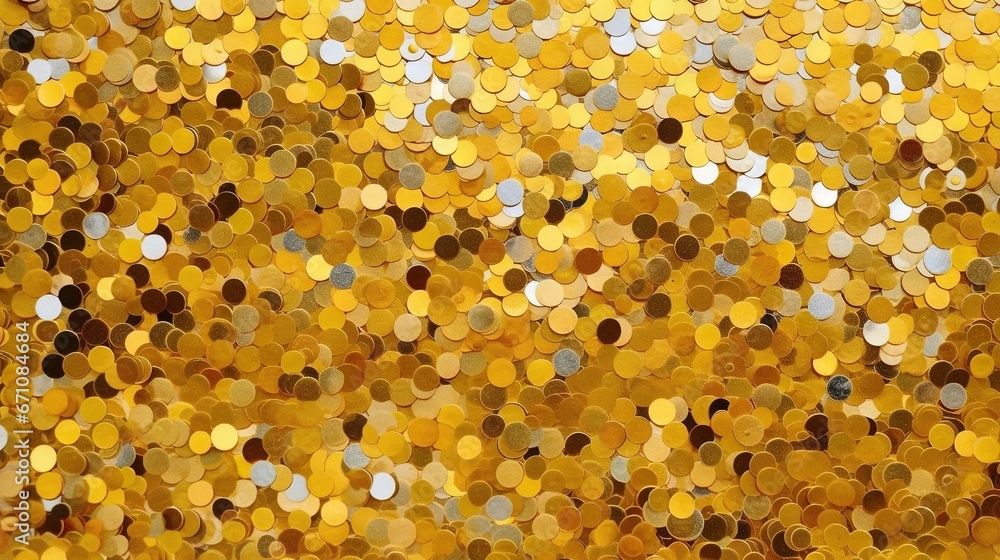 Poster a gold background with lots of circles of different sizes and colors. generative ai