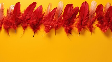 a row of red and white feathers on a yellow background.  generative ai