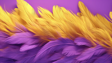  a bunch of yellow and purple feathers on a purple background.  generative ai