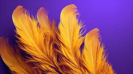  a close up of a yellow feather on a purple background.  generative ai