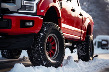 Close up of the pickup towing truck on the winter road - obrazy, fototapety, plakaty