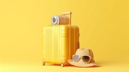  a yellow suitcase and a hat on a yellow background with a yellow background.  generative ai