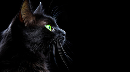 Side View of Black Cat's Face on a Dark Background.